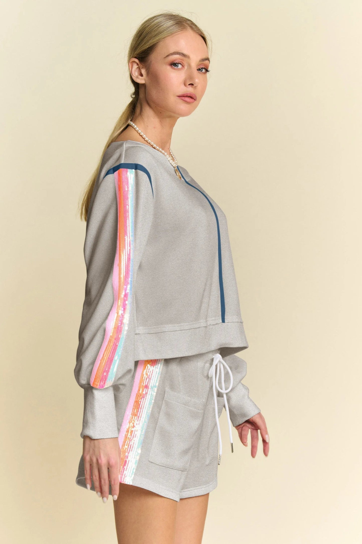 Davi & Dani Sequin Stripe Long Sleeve Top And Short Pants Set - Blu Lotus Boutique