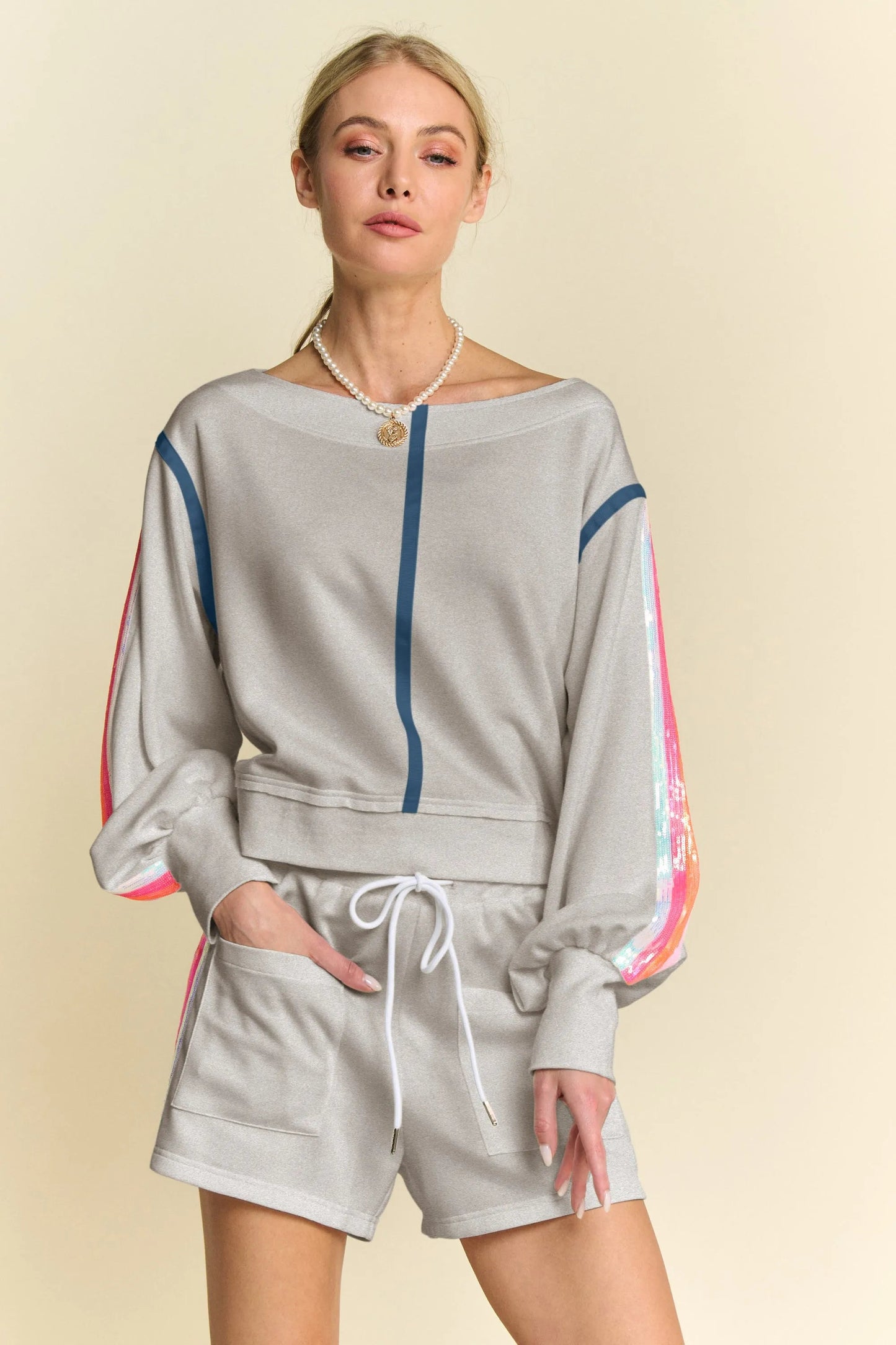 Davi & Dani Sequin Stripe Long Sleeve Top And Short Pants Set - Blu Lotus Boutique
