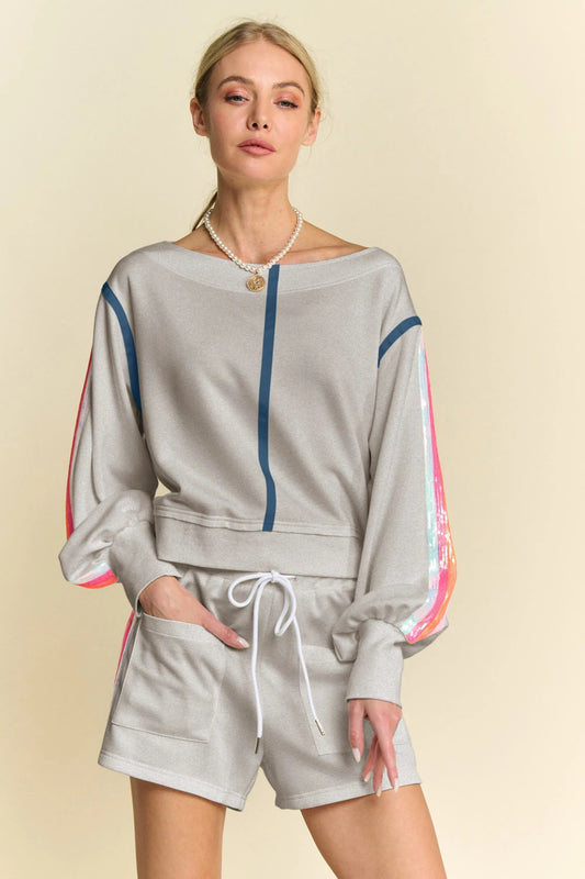 Davi & Dani Sequin Stripe Long Sleeve Top And Short Pants Set - Blu Lotus Boutique