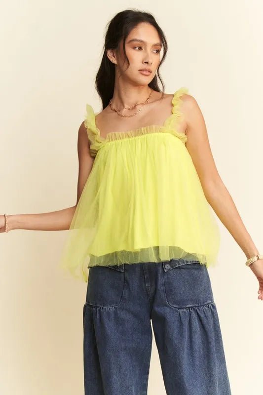 Davi & Dani Shirred Ruffle Strap Tulle Babydoll Top - Blu Lotus Boutique
