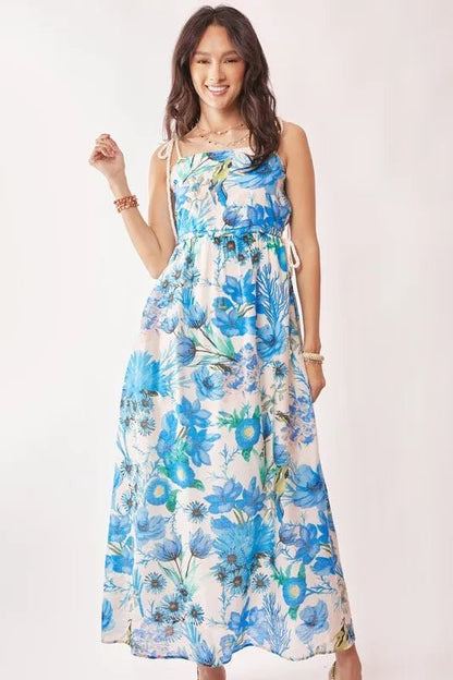 Davi & Dani Tropical Boho Printed Detail Cut Out Maxi Dress - Blu Lotus Boutique