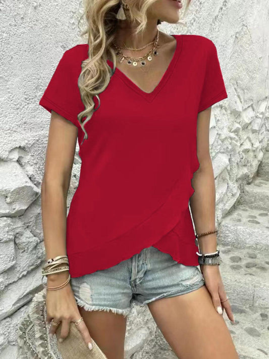 V-Neck Short Sleeve Blouse - Blu Lotus Boutique