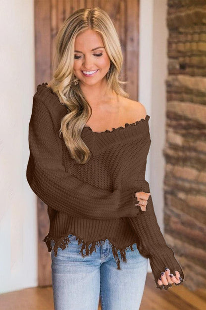 Frayed Hem Dropped Shoulder Sweater - Blu Lotus Boutique