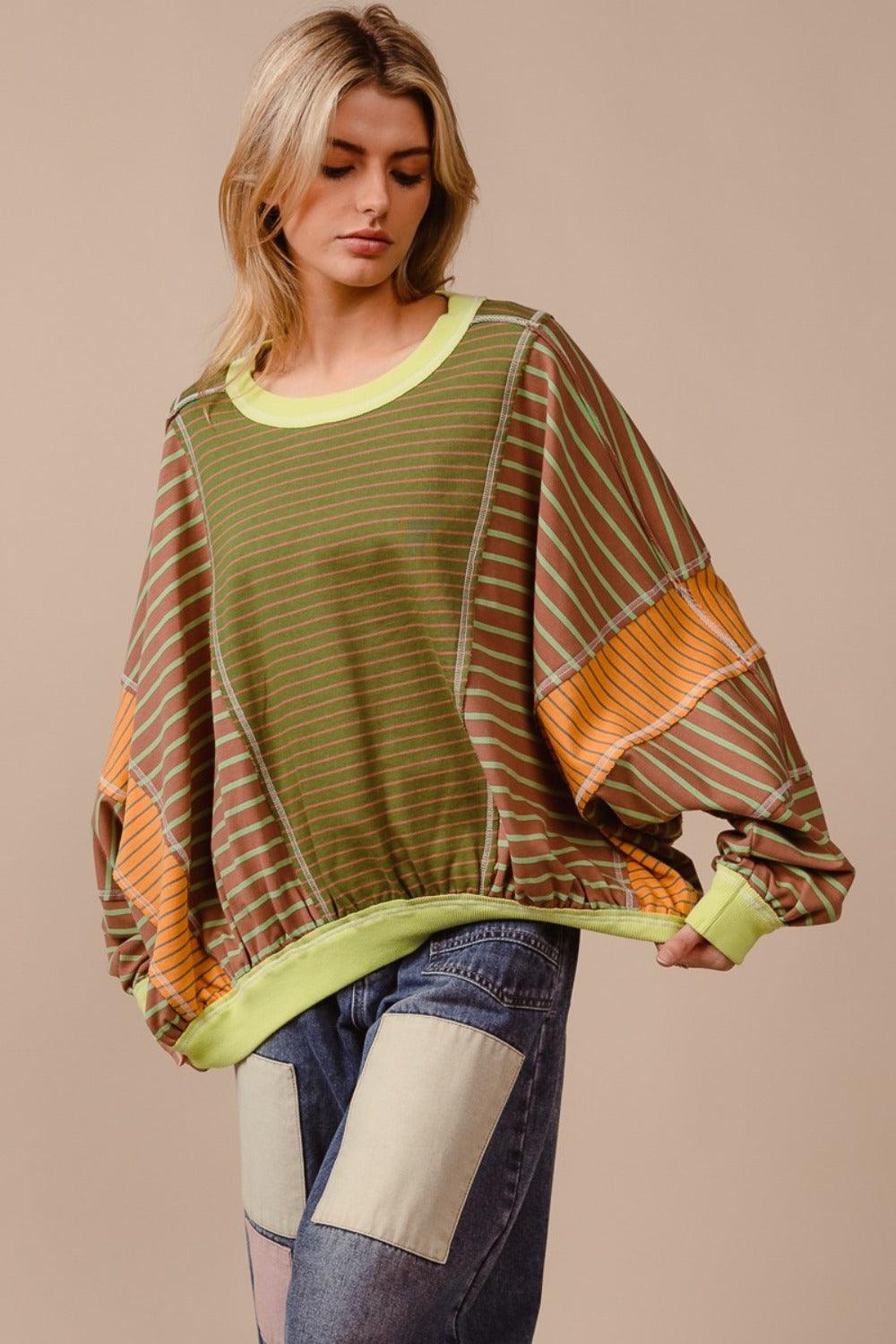 BiBi Color Block Striped Round Neck Sweatshirt - Blu Lotus Boutique