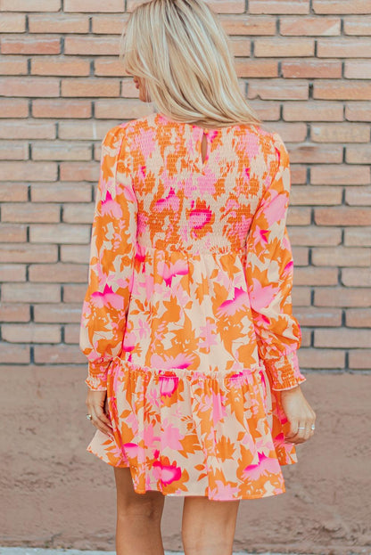 Orange Abstract Print Smocked Lantern Sleeve Ruffle Mini Dress - Blu Lotus Boutique