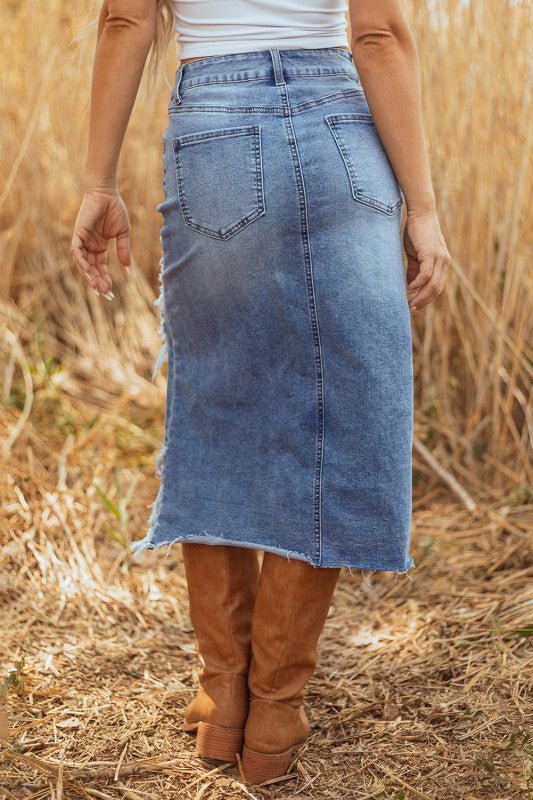 Denim Distressed Midi Skirt - Blu Lotus Boutique
