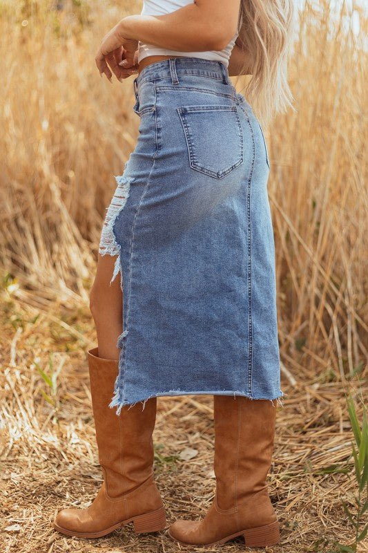 Denim Distressed Midi Skirt - Blu Lotus Boutique