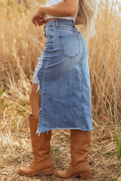 Denim Distressed Midi Skirt - Blu Lotus Boutique