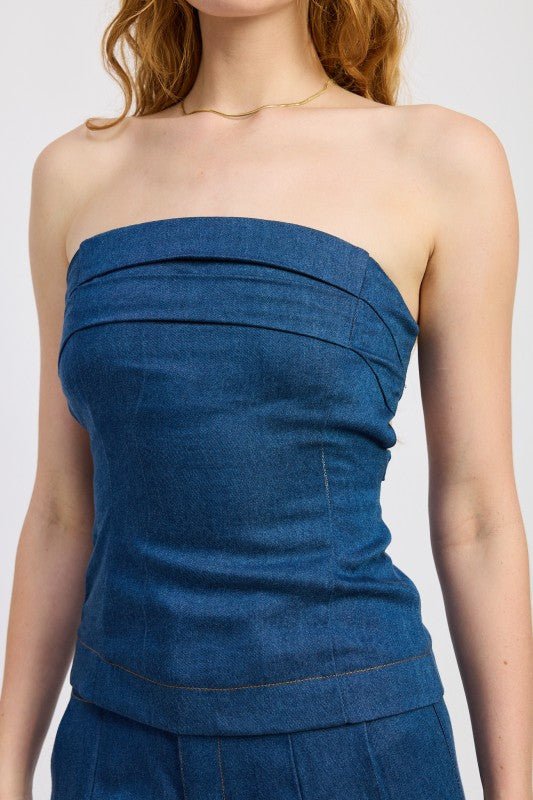 DENIM TUBE TOP WITH TIE BACK - Blu Lotus Boutique