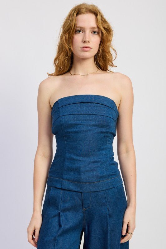 DENIM TUBE TOP WITH TIE BACK - Blu Lotus Boutique