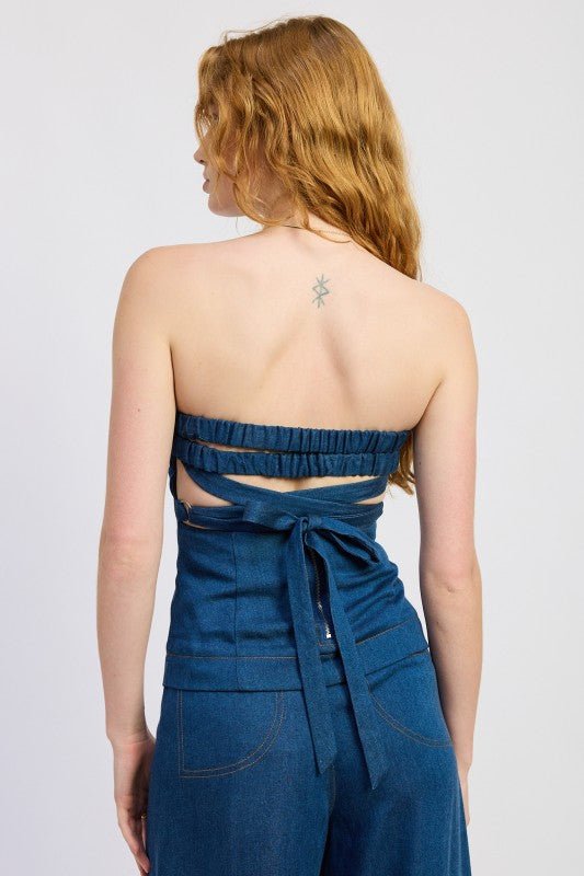 DENIM TUBE TOP WITH TIE BACK - Blu Lotus Boutique