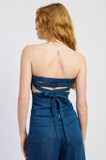 DENIM TUBE TOP WITH TIE BACK - Blu Lotus Boutique