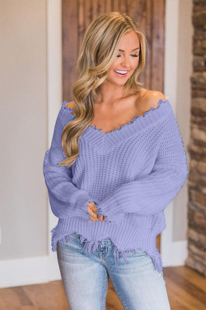 Frayed Hem Dropped Shoulder Sweater - Blu Lotus Boutique