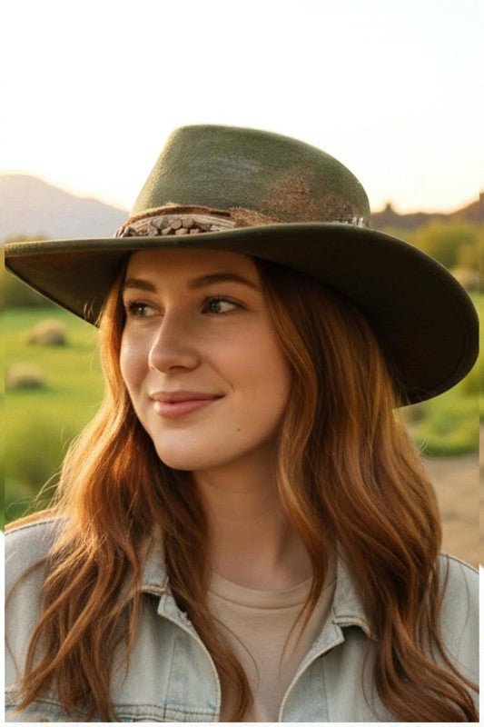 Distress Olive Vintage Shapable Fedora Cowboy Hat - Blu Lotus Boutique