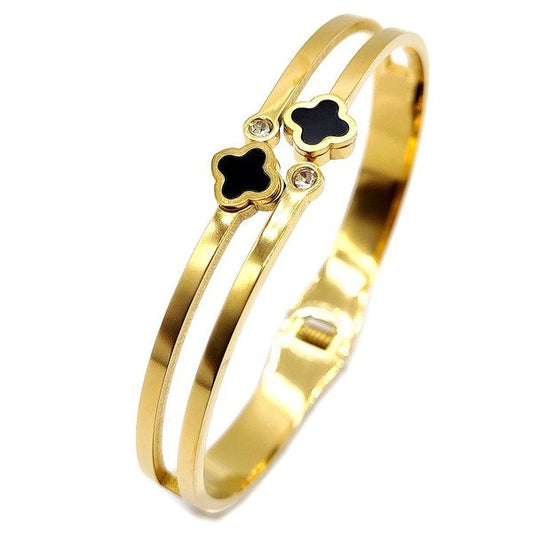 Double Clover Stainless Steel Cuff Bangle Bracelet - Blu Lotus Boutique