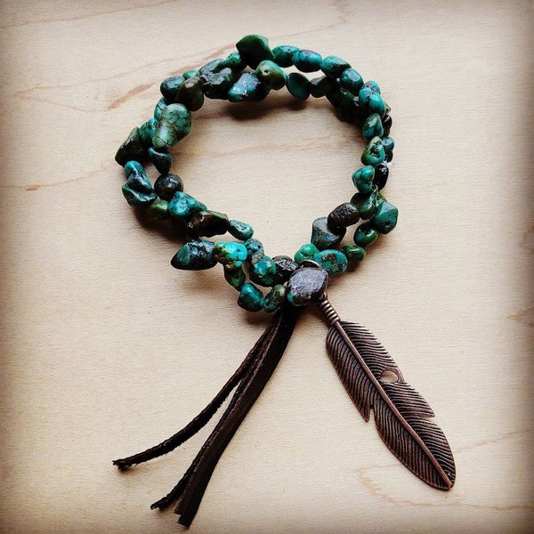 Double Strand Turq Bracelet w/ Feather and Tassel - Blu Lotus Boutique