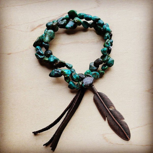 Double Strand Turq Bracelet w/ Feather and Tassel - Blu Lotus Boutique