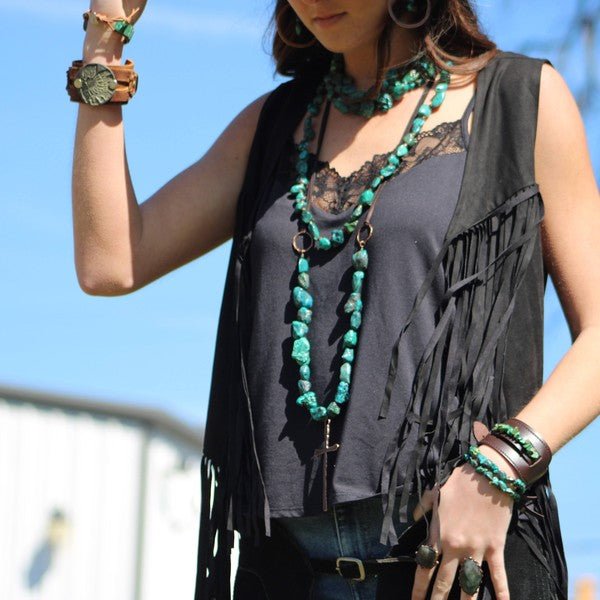Double Strand Turq Bracelet w/ Feather and Tassel - Blu Lotus Boutique