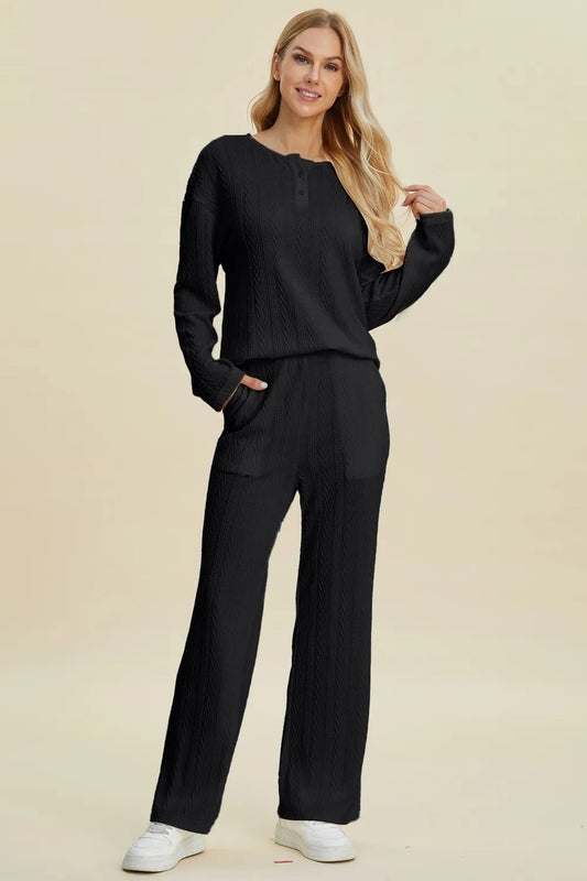 Double Take Full Size Cable - Knit Long Sleeve Top and Pants Set - Blu Lotus Boutique
