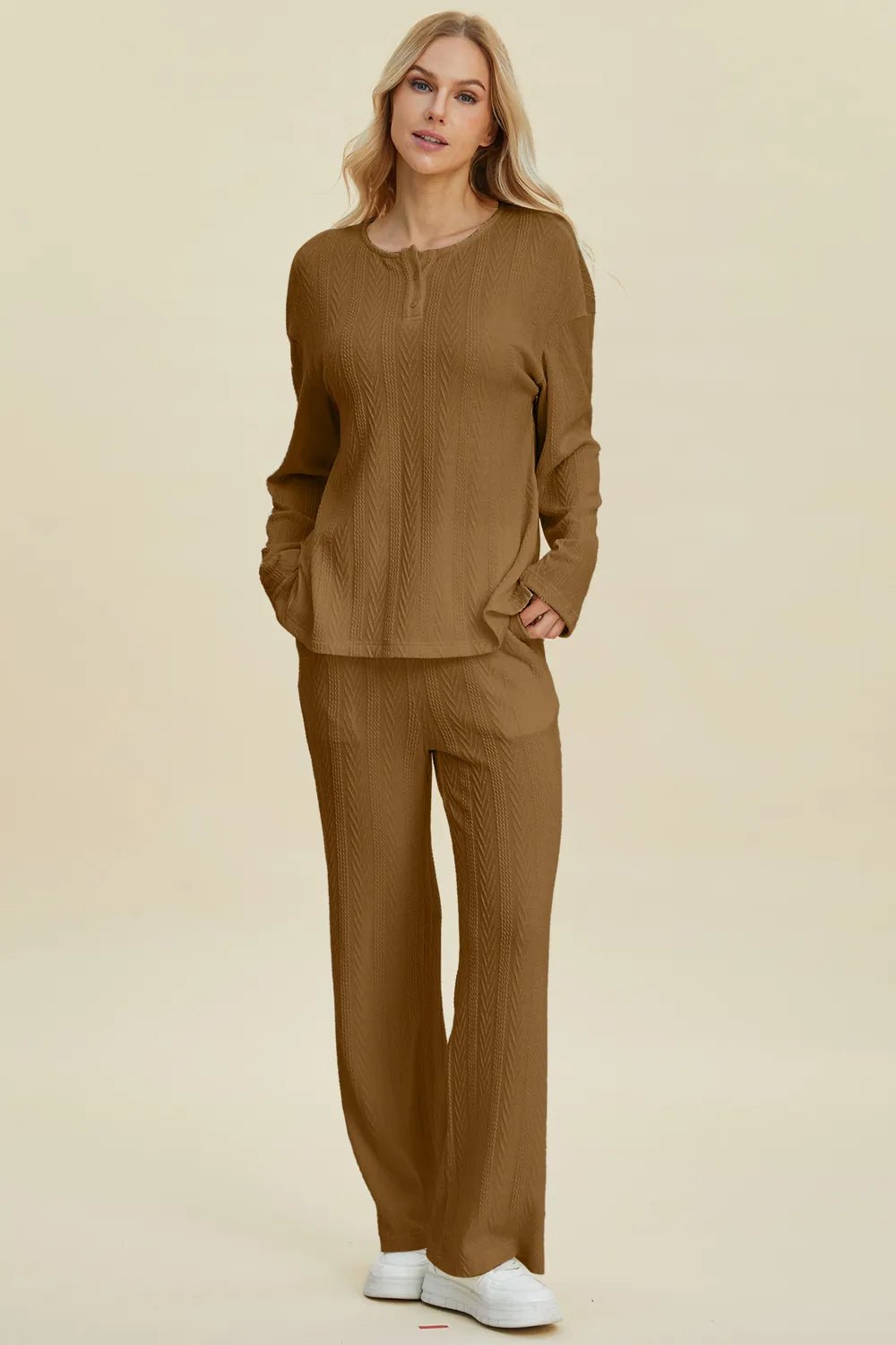 Double Take Full Size Cable - Knit Long Sleeve Top and Pants Set - Blu Lotus Boutique