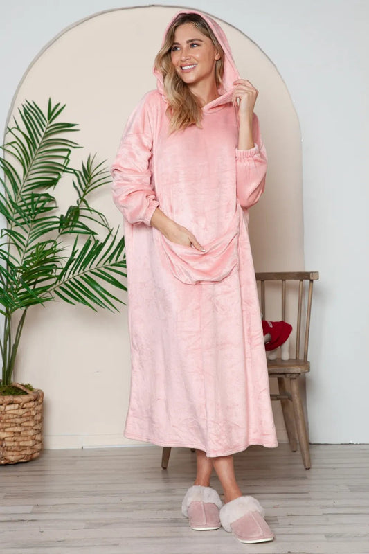 Double Take Full Size Pocketed Hooded Midi Lounge Dress - Blu Lotus Boutique