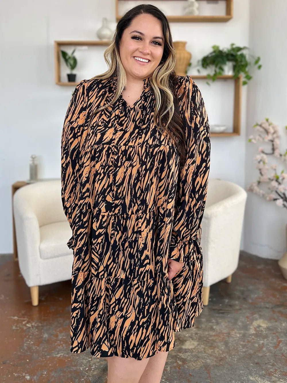 Double Take Full Size Printed Ruffle Hem Long Sleeve Dress - Blu Lotus Boutique