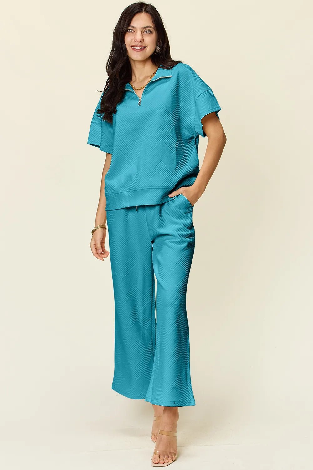 Double Take Full Size Texture Half Zip Short Sleeve Top and Pants Set - Blu Lotus Boutique