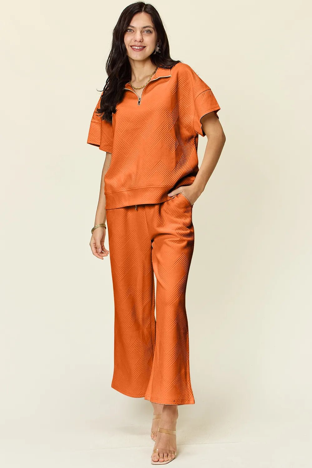 Double Take Full Size Texture Half Zip Short Sleeve Top and Pants Set - Blu Lotus Boutique