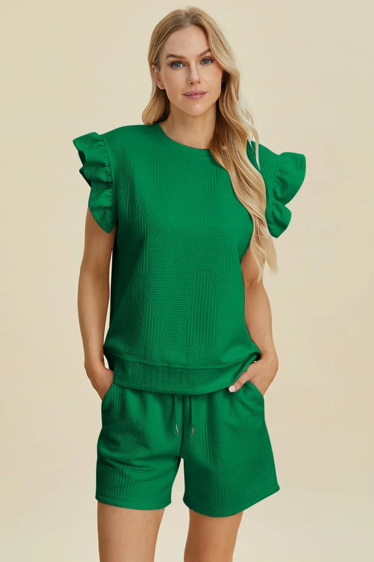 Double Take Full Size Texture Round Neck Ruffle Sleeve Top and Shorts Set - Blu Lotus Boutique