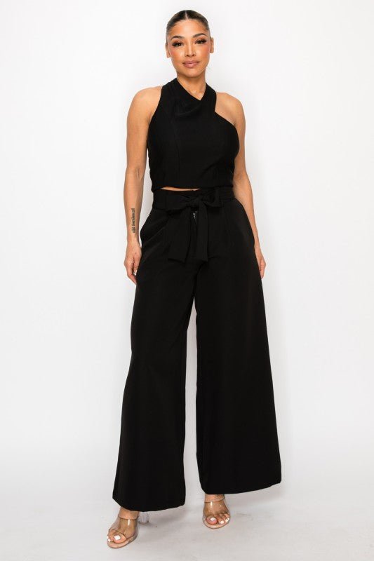 Dressy Palazzo Belted Pants & Halter Cropped Top - Blu Lotus Boutique