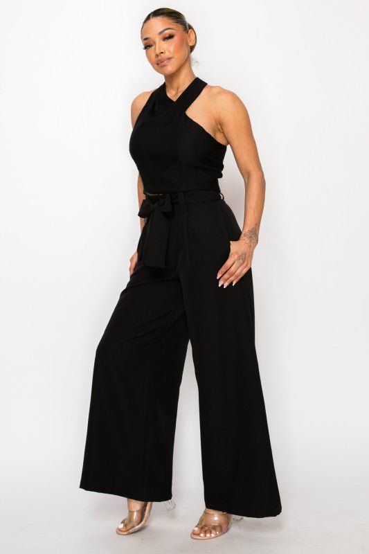 Dressy Palazzo Belted Pants & Halter Cropped Top - Blu Lotus Boutique