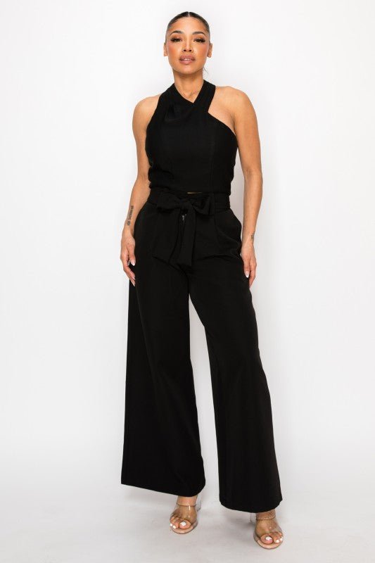 Dressy Palazzo Belted Pants & Halter Cropped Top - Blu Lotus Boutique