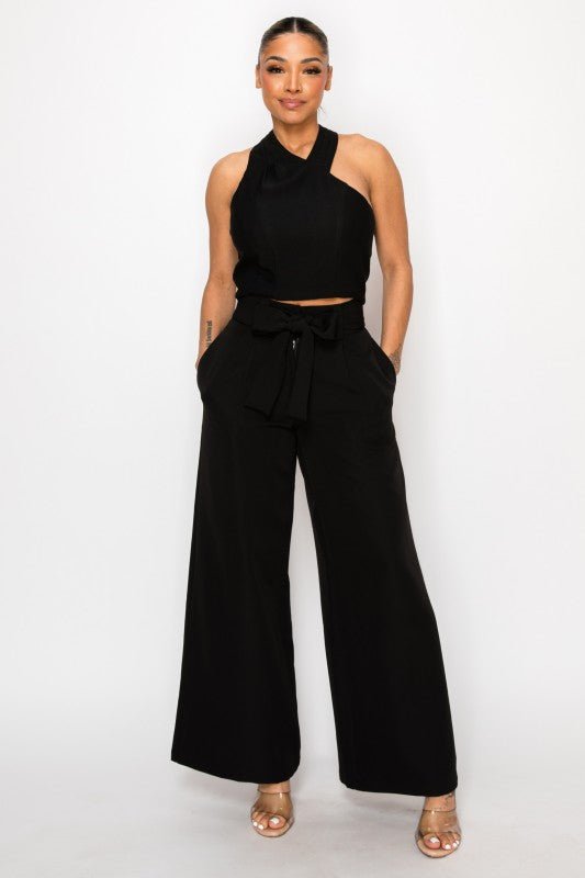 Dressy Palazzo Belted Pants & Halter Cropped Top - Blu Lotus Boutique