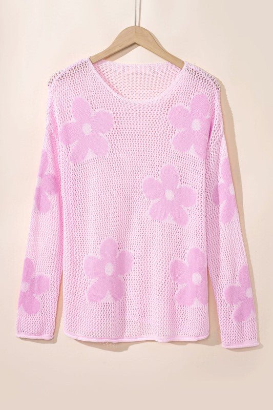 Dulce Big Flower Hollowed Knit Drop Shoulder Sweat - Blu Lotus Boutique