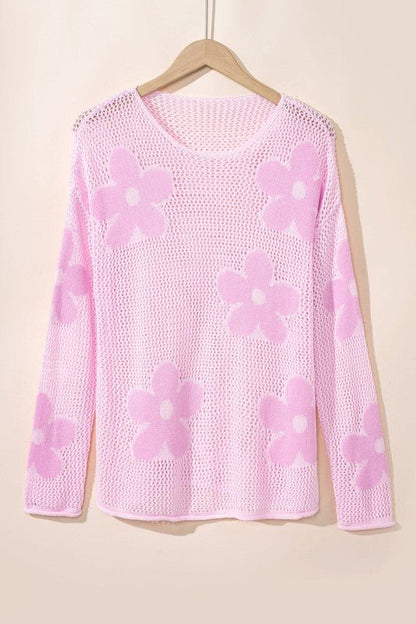 Dulce Big Flower Hollowed Knit Drop Shoulder Sweat - Blu Lotus Boutique