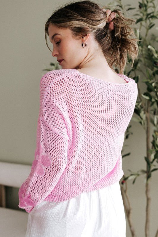 Dulce Big Flower Hollowed Knit Drop Shoulder Sweat - Blu Lotus Boutique
