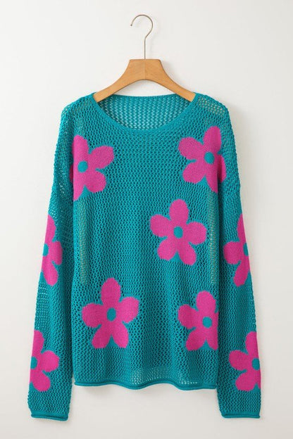 Dulce Big Flower Hollowed Knit Drop Shoulder Sweat - Blu Lotus Boutique