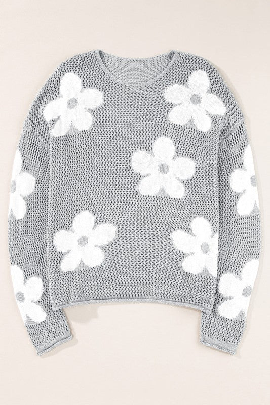 Dulce Big Flower Hollowed Knit Drop Shoulder Sweat - Blu Lotus Boutique