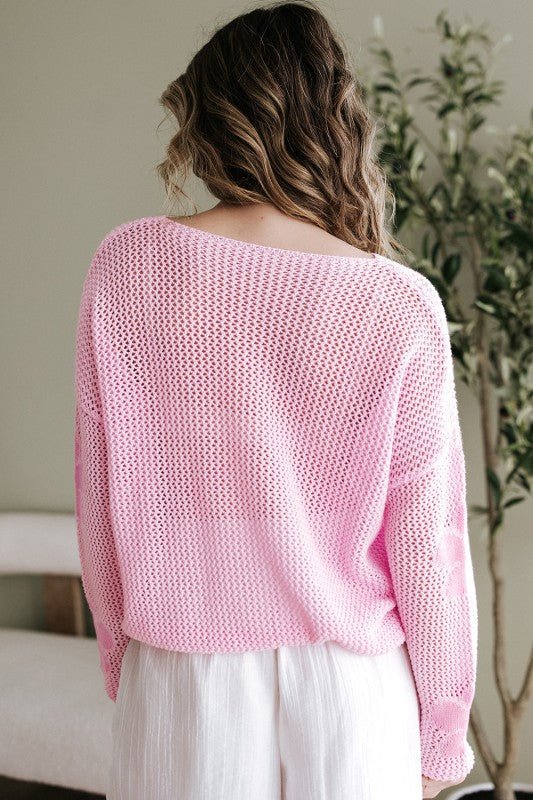 Dulce Big Flower Hollowed Knit Drop Shoulder Sweat - Blu Lotus Boutique