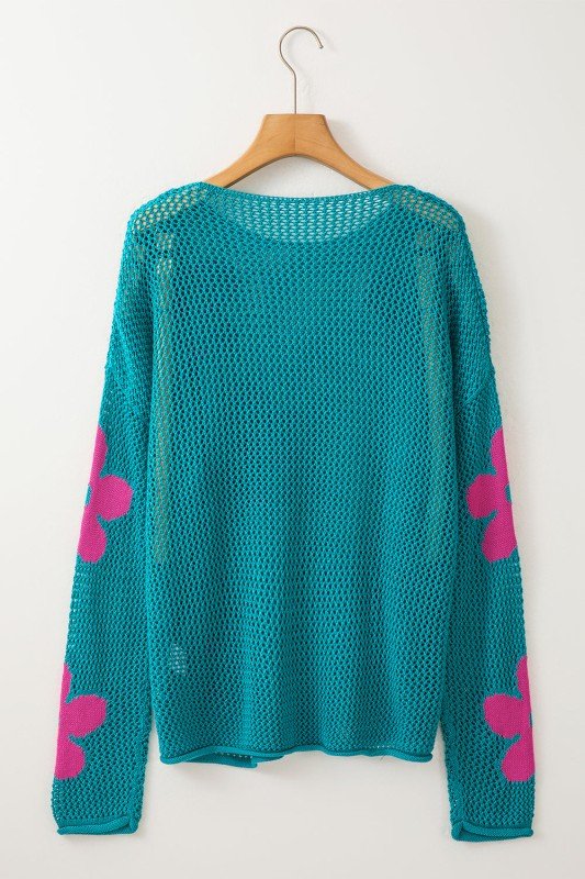 Dulce Big Flower Hollowed Knit Drop Shoulder Sweat - Blu Lotus Boutique