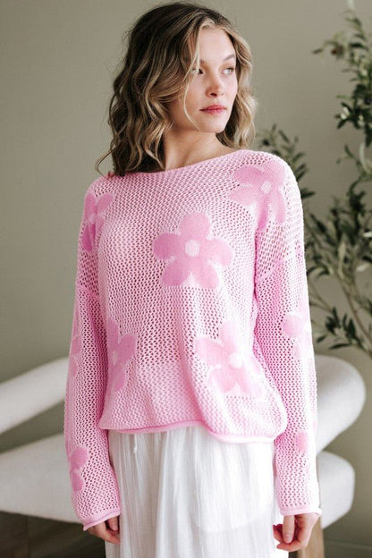 Dulce Big Flower Hollowed Knit Drop Shoulder Sweat - Blu Lotus Boutique