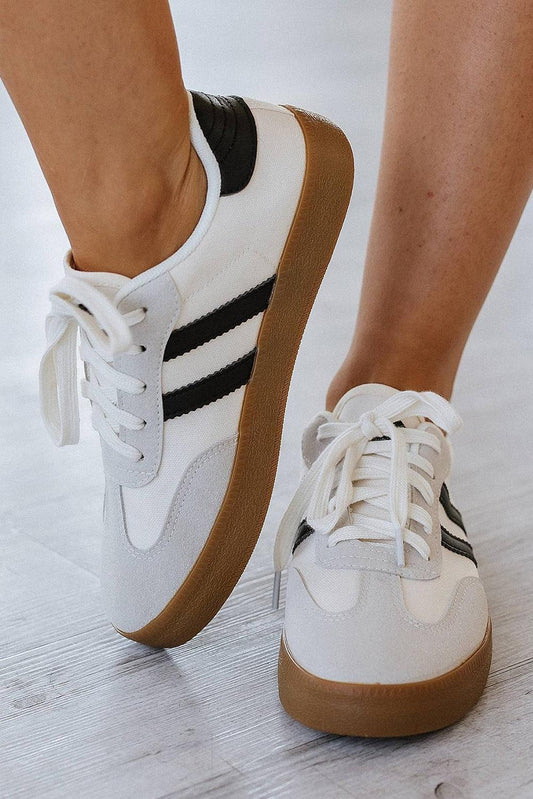 White Striped Lace-up Flat Sneakers - Blu Lotus Boutique