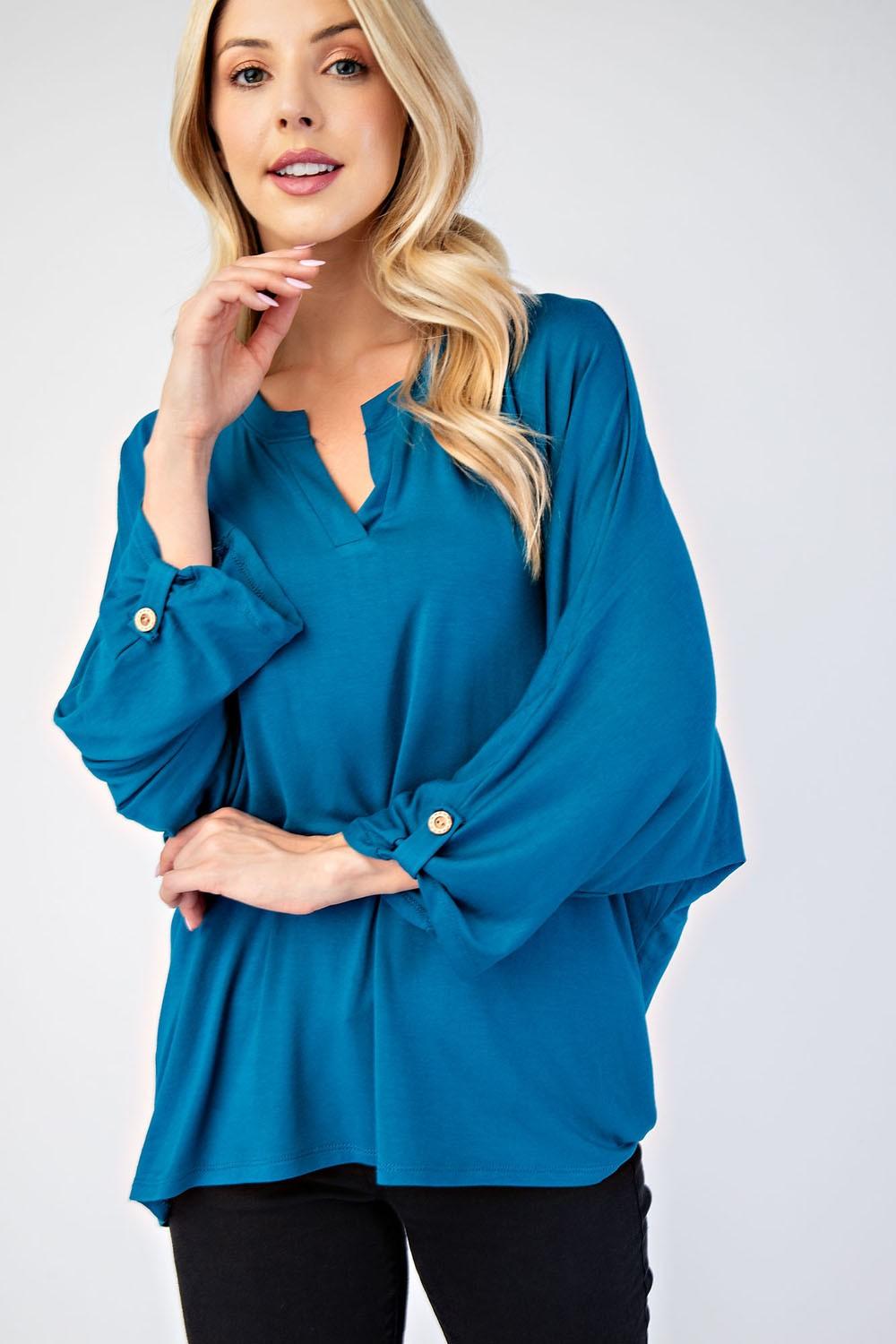 Celeste Full Size Notched Three-Quarter Sleeve Blouse - Blu Lotus Boutique