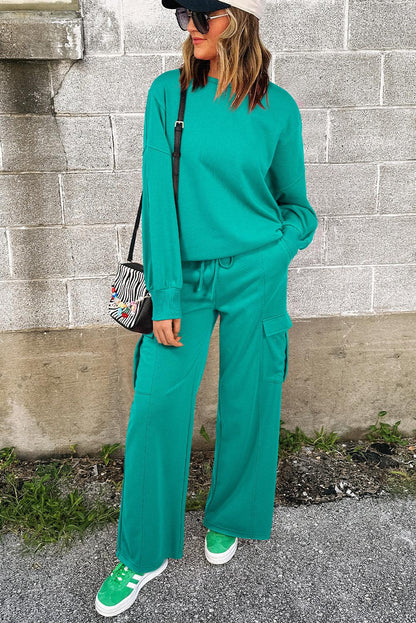 Solid Color Pullover Top and Cargo Pants Set - Blu Lotus Boutique