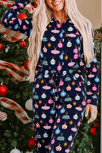 Navy Blue Colorful Christmas Lights Print Shirt and Pants Pajama Set - Blu Lotus Boutique