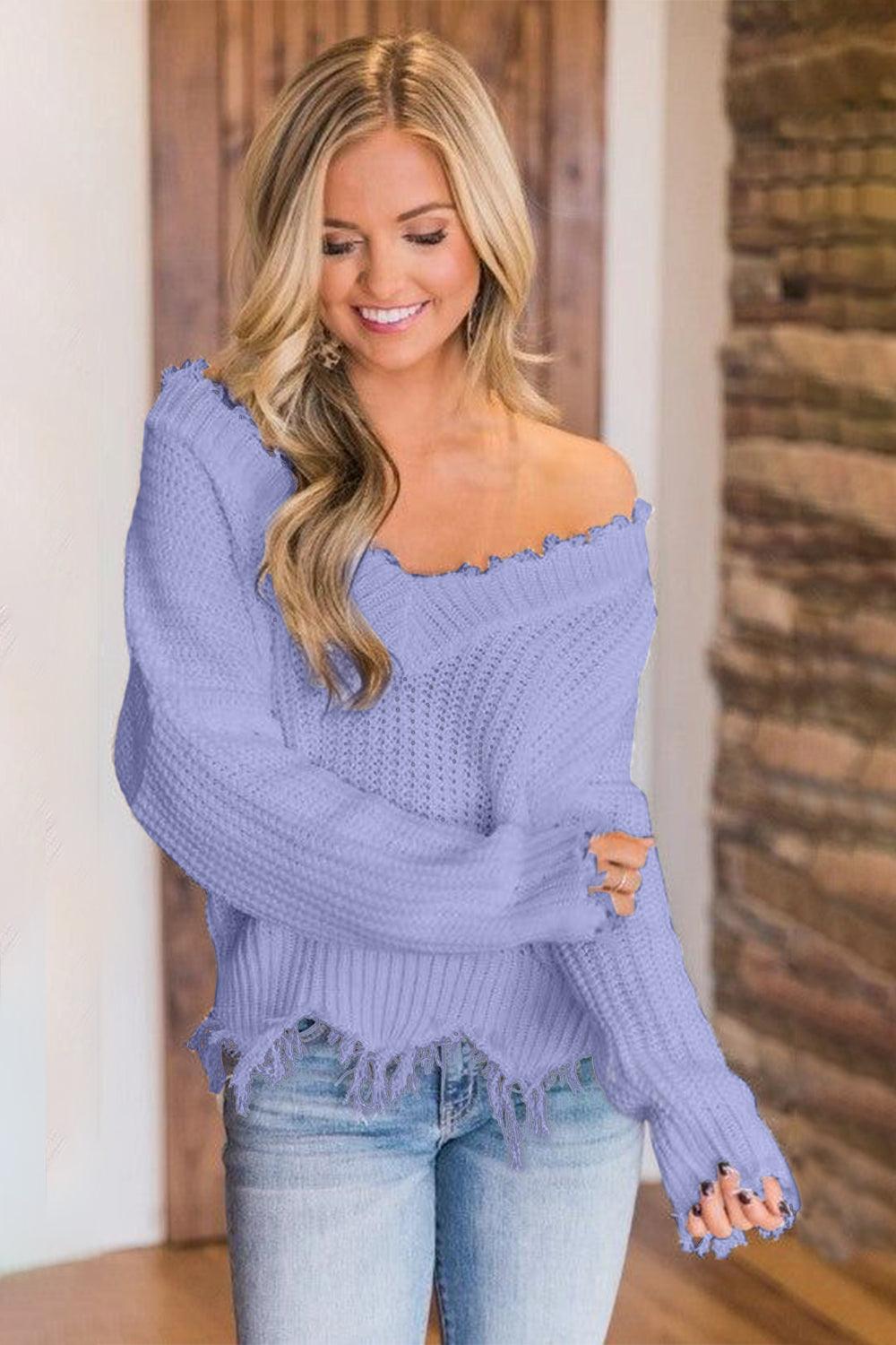 Frayed Hem Dropped Shoulder Sweater - Blu Lotus Boutique