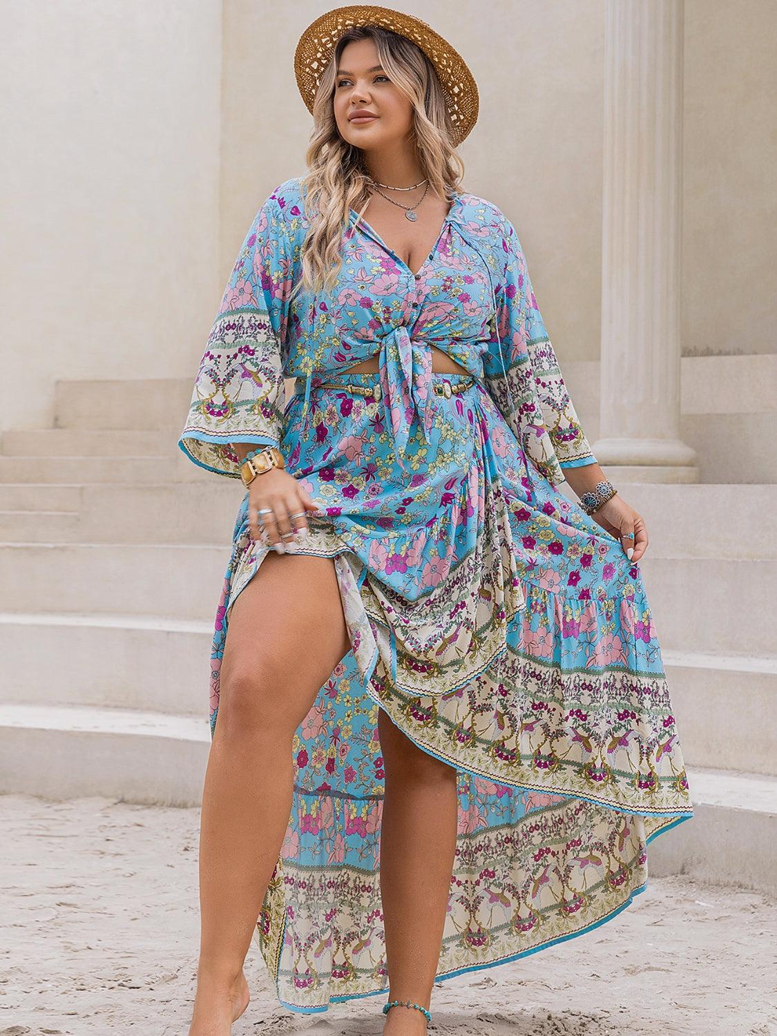 Plus Size Printed Tie Neck Top and Skirt Set - Blu Lotus Boutique