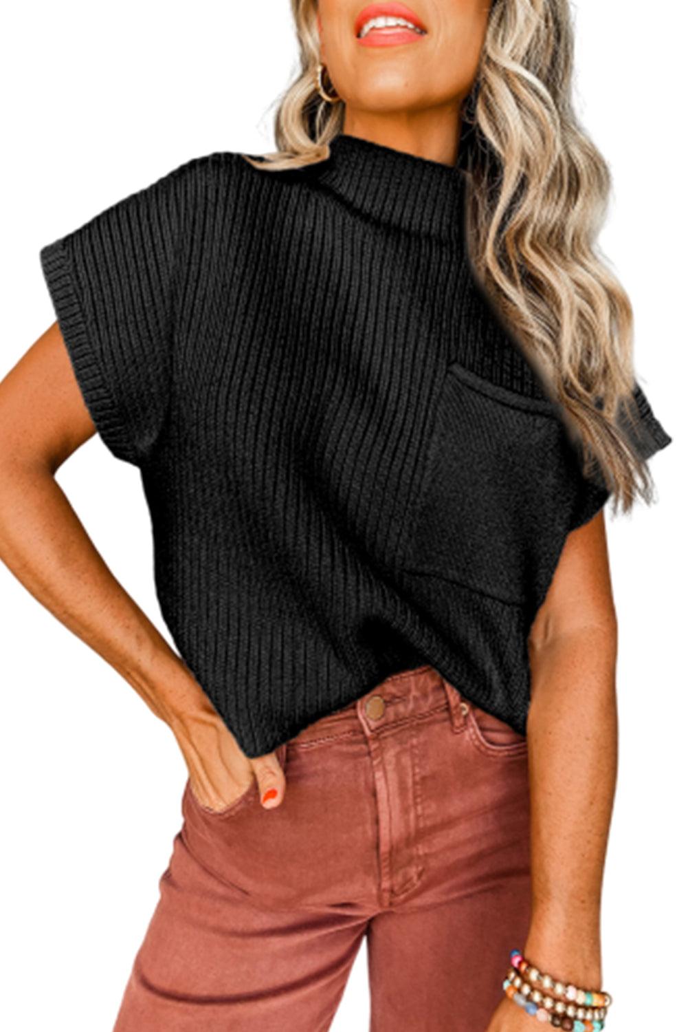 Black Patch Pocket Ribbed Knit Short Sleeve Sweater - Blu Lotus Boutique