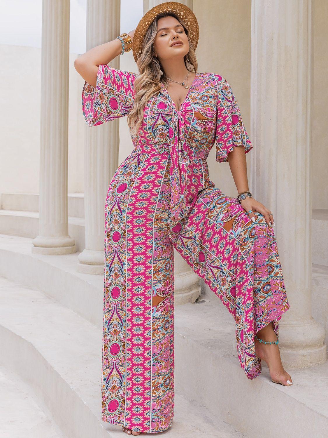 Plus Size Printed Half Sleeve Wide Leg Jumpsuit - Blu Lotus Boutique