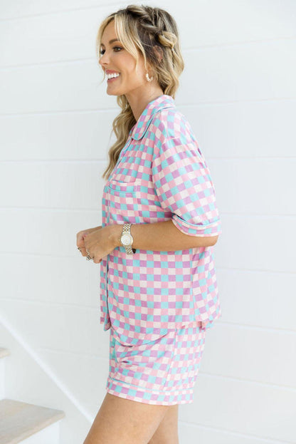 Purple Checkered Pattern Short Sleeve Pajamas Set - Blu Lotus Boutique